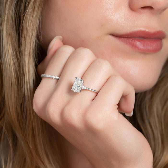 Elongated Cushion Moissanite Three Stone Pear Side Ring — on hand — Mapple Gems