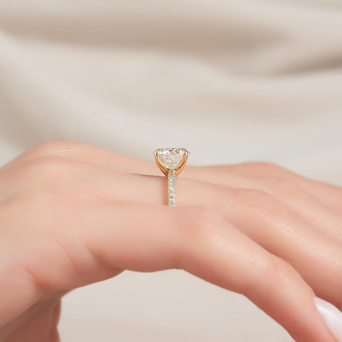 Round Cut Moissanite Pavé Hidden Halo Engagement Ring — side profile — Mapple Gems
