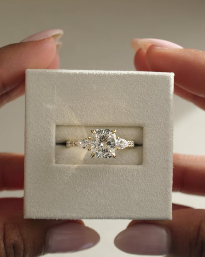 Cushion Cut Moissanite Three Stone Engagement Ring with Pear Side Stones and Pave Band 2 CT to 5 CT - view 1
