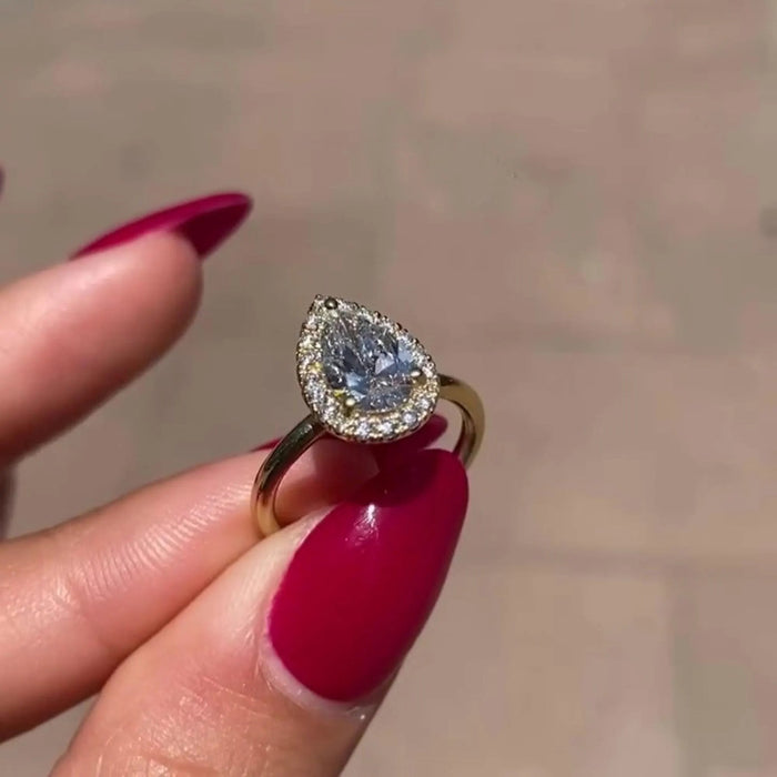 Pear Cut Moissanite Halo Engagement Ring in 14K Gold — Mapple Gems
