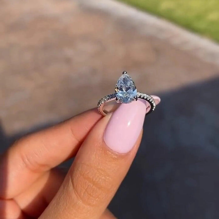 Pear Cut Moissanite Hidden Halo Pave Engagement Ring in 14K Gold — Mapple Gems