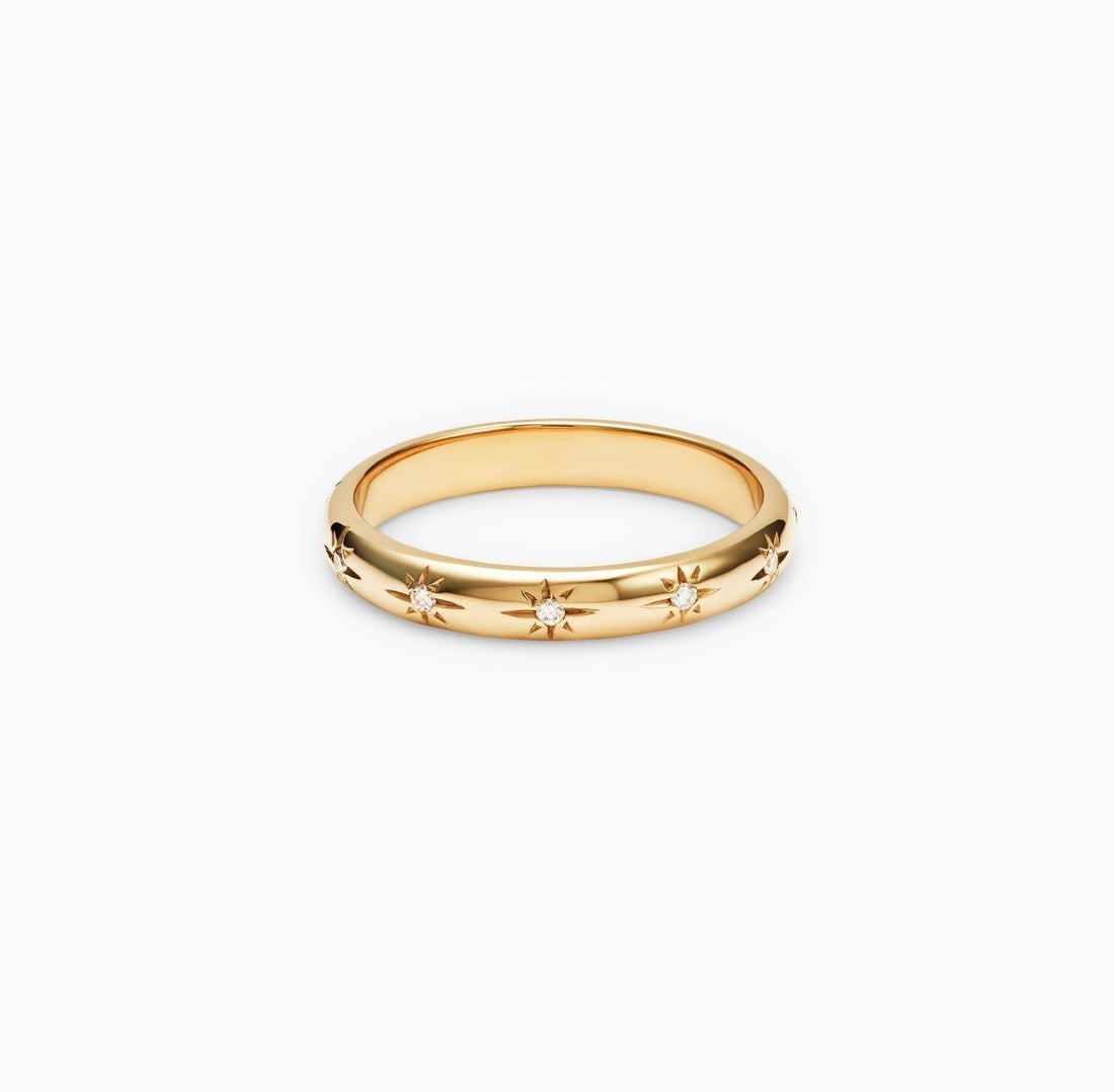 Round starburst flush set lab grown diamond wedding band in yellow gold, front view