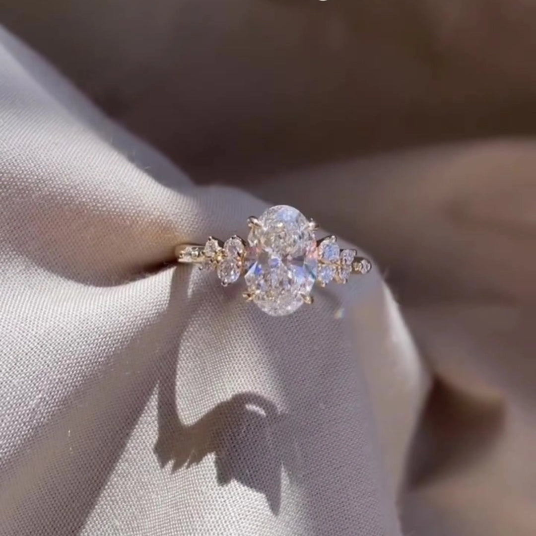 Art Deco Oval Cut Moissanite Cluster Engagement Ring Solitaire Style 18K Gold Unique Wedding Ring