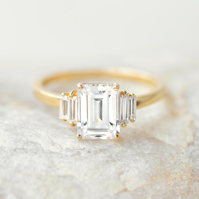 Emerald Cut Moissanite Five Stone Graduated Baguette Engagement Ring 2 CT to 5 CT - side view 2