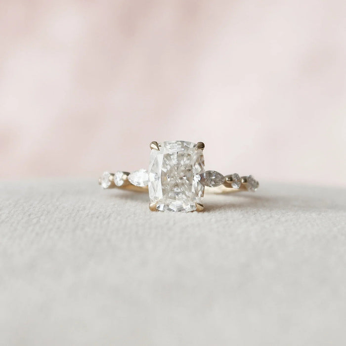 Cushion cut moissanite engagement ring with hidden halo in gold