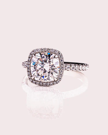 Vintage cushion cut moissanite halo engagement ring in 14K rose gold