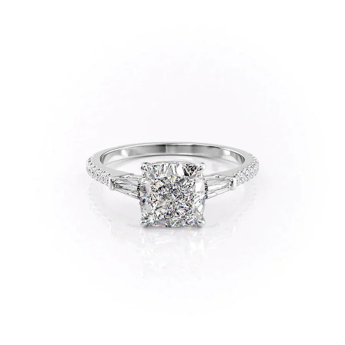 Cushion cut moissanite three stone engagement ring in gold