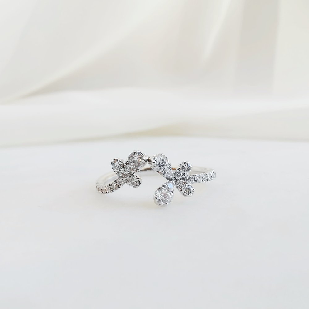 Open butterfly cluster lab grown diamond wedding band in white gold, front view