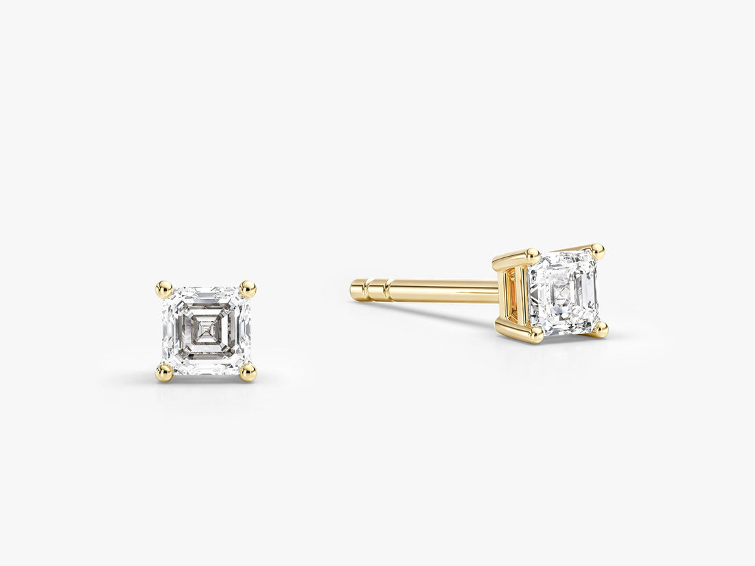 Pair of asscher cut moissanite solitaire stud earrings in yellow gold