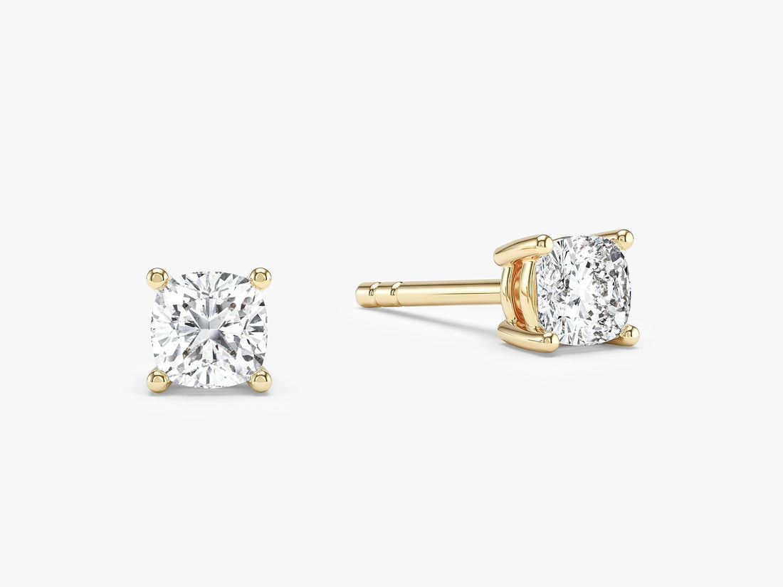 Pair of timeless cushion moissanite stud earrings for women in yellow gold