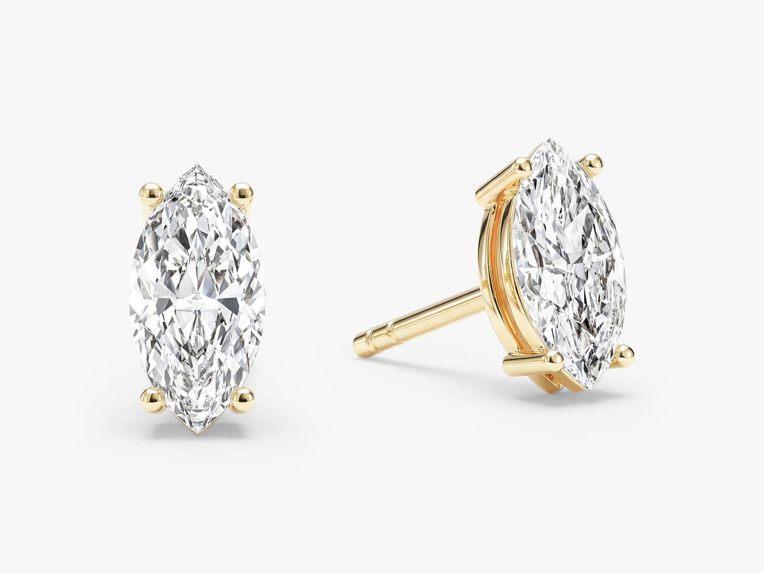 Pair of elongated marquise moissanite stud earrings for women in yellow gold