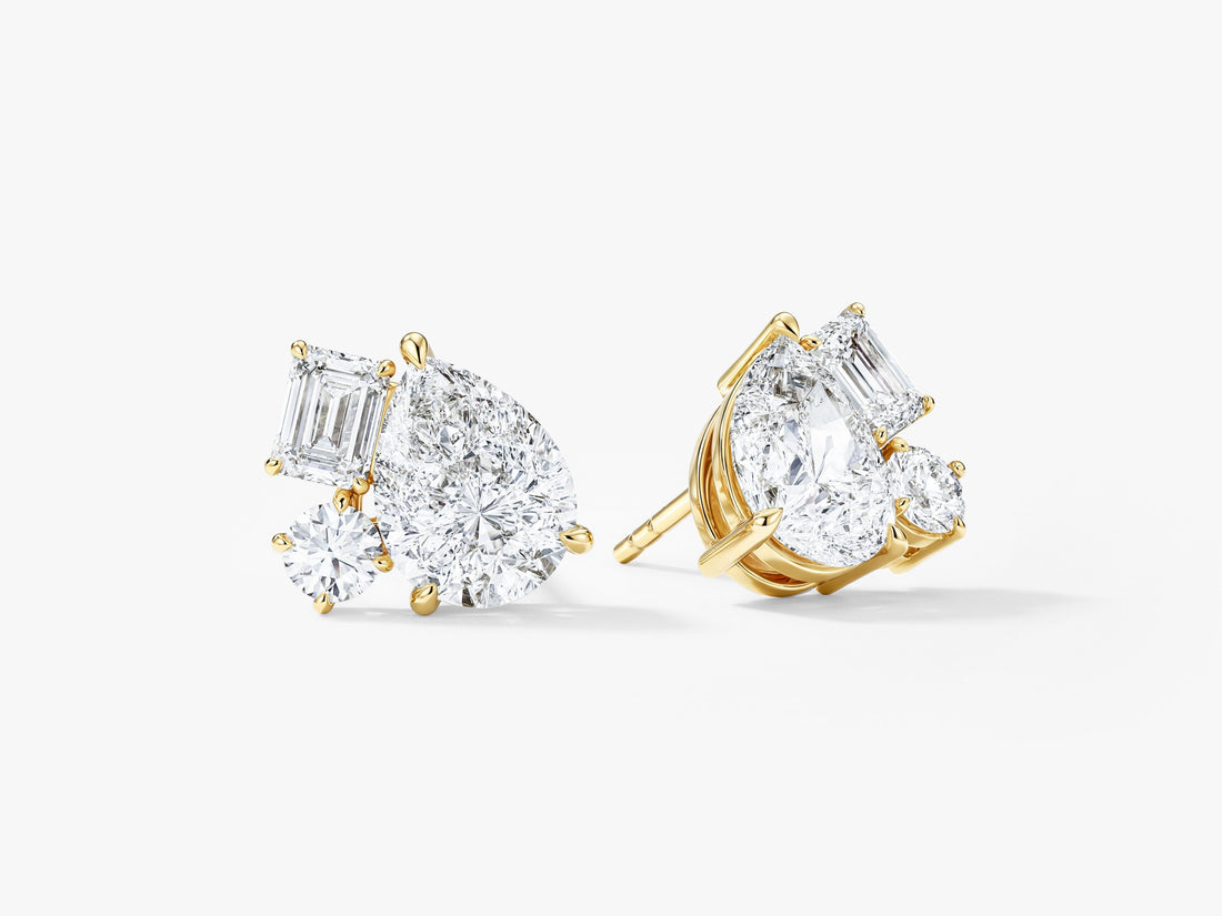 Pair of mixed cut moissanite cluster stud earrings in yellow gold