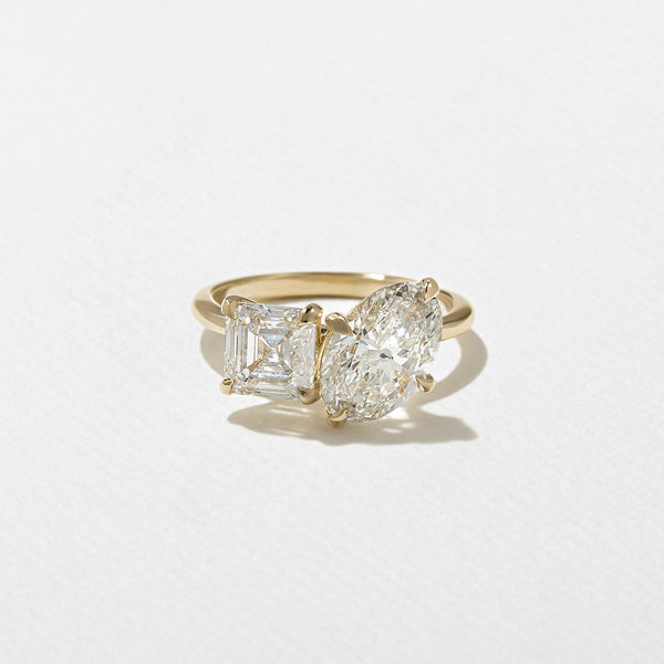 Oval and Asscher Cut Lab Grown Diamond Toi et Moi Engagement Ring on a Plain Band in Silver, 10K, 14K and 18K Gold