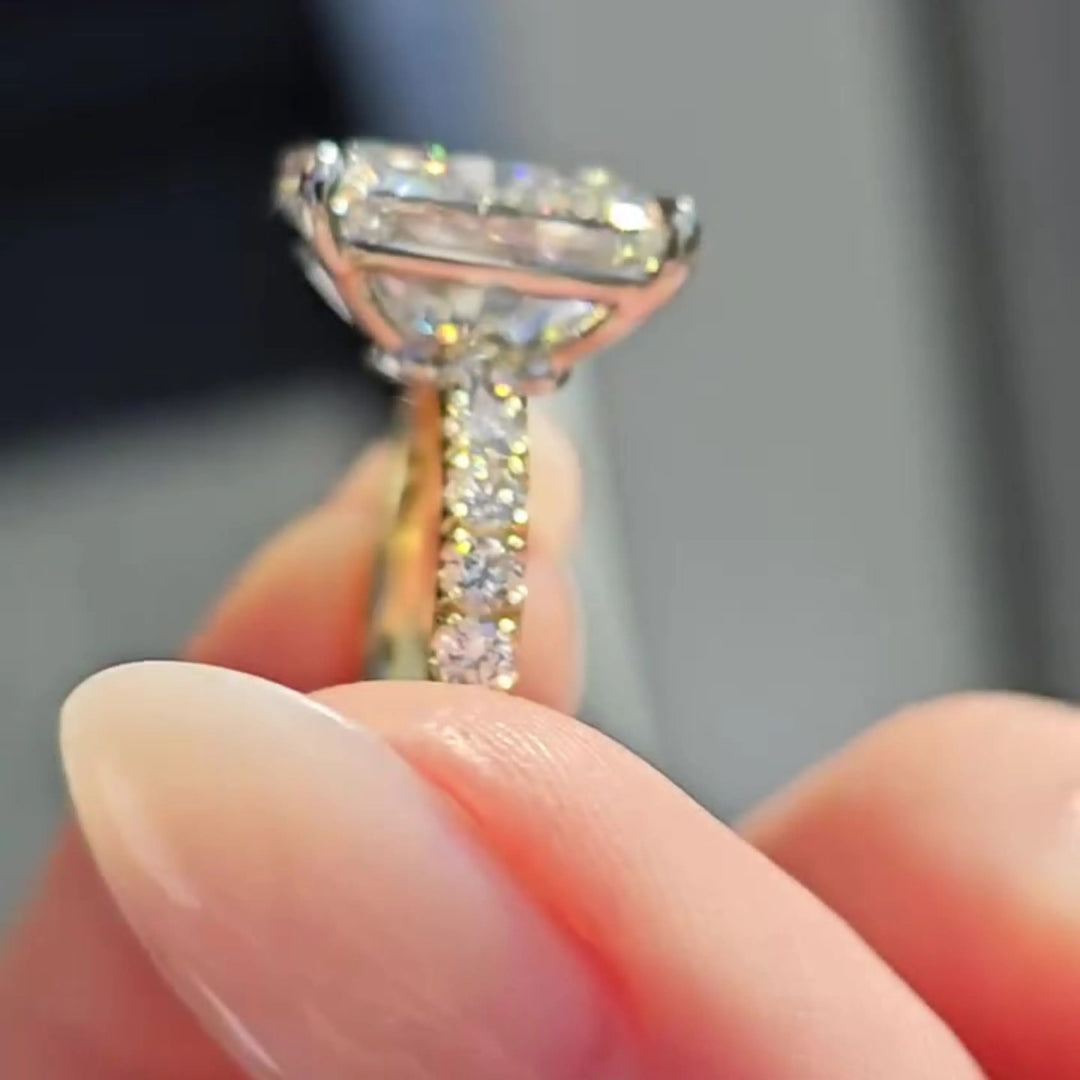 Elongated Cushion Moissanite Ring – Pave Set Engagement Ring in Solid Gold