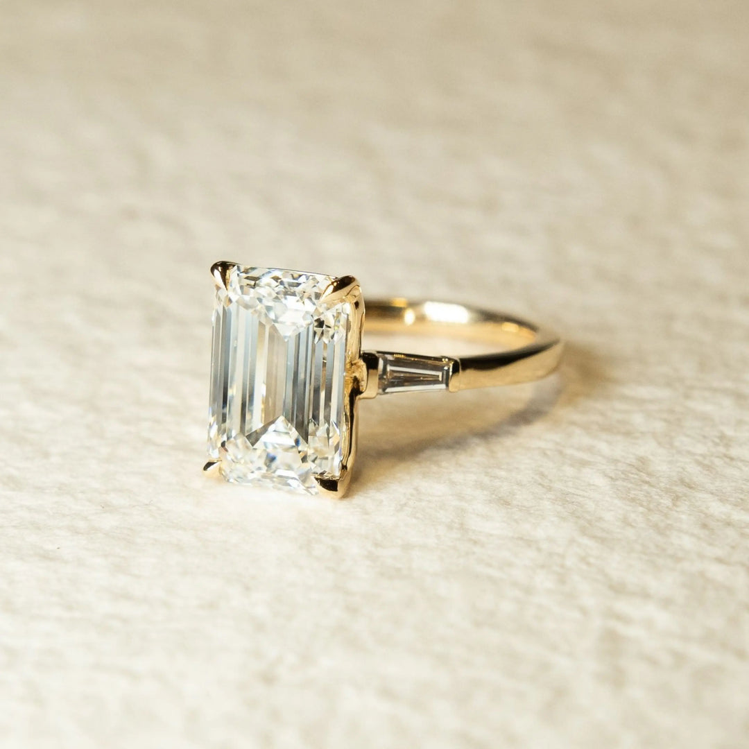 Emerald Cut Moissanite Engagement Ring – Three Stone Ring with Tapered Baguette Sides