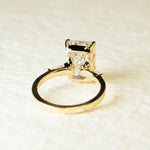 Load image into Gallery viewer, Emerald Cut Moissanite Engagement Ring – Three Stone Ring with Tapered Baguette Sides
