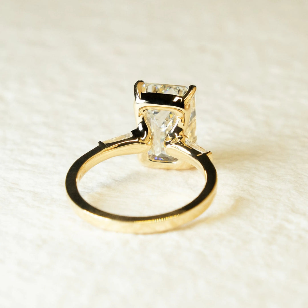 Emerald Cut Moissanite Engagement Ring – Three Stone Ring with Tapered Baguette Sides