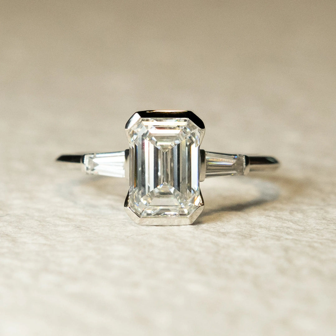 Emerald Cut Three Stone Moissanite Engagement Ring | 14K Gold Half Bezel Set Promise Ring for Women