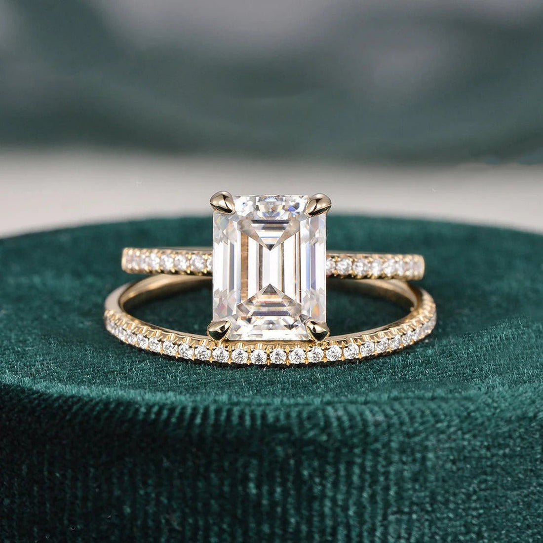 Emerald Cut Hidden Halo Moissanite Bridal Wedding Ring Set Mapple Gems
