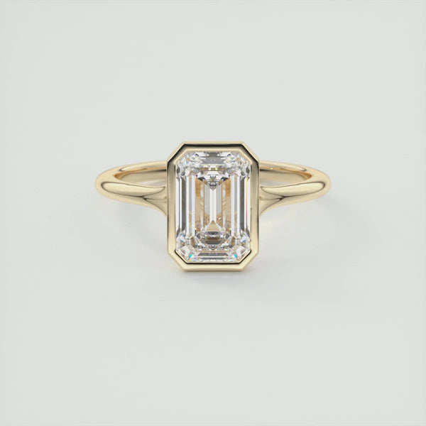 Emerald Cut Moissanite Bezel Solitaire Engagement Ring | Split Shank Setting