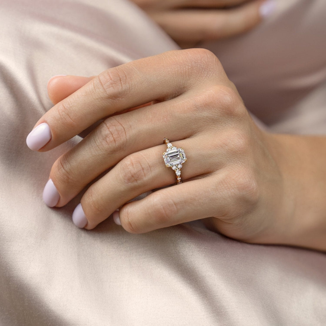 Emerald Cut Moissanite Cluster Engagement Ring 2 CT to 5 CT - front view 1