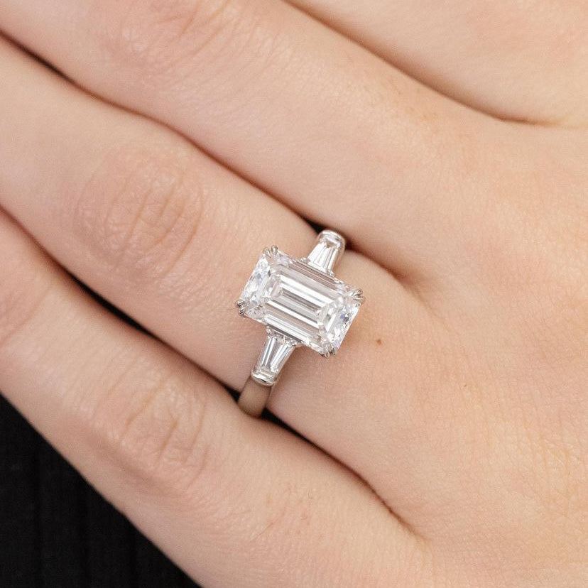 2 CT emerald cut moissanite three stone engagement ring in 14K gold