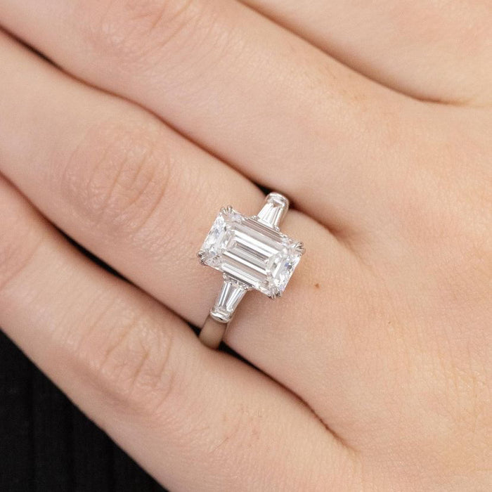 2 CT emerald cut moissanite three stone engagement ring in 14K gold