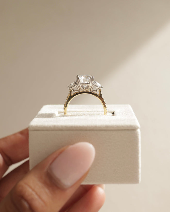 Elongated Cushion Cut Moissanite Three Stone Engagement Ring with Oval Side Stones - view 2