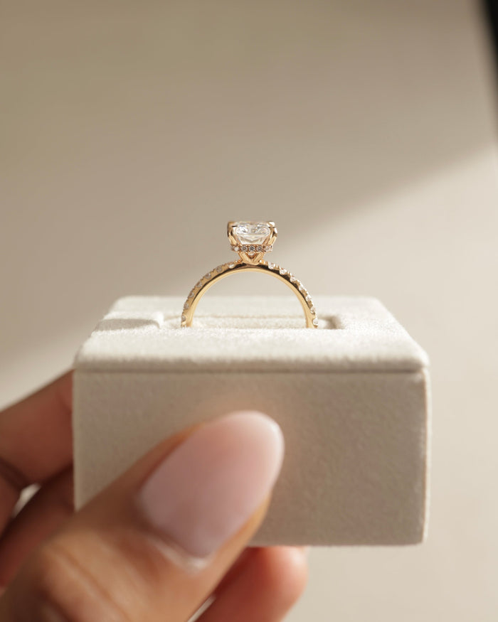 Radiant Cut Moissanite Hidden Halo Engagement Ring with Pave Set Band - view 2