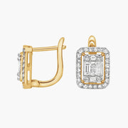 Emerald Cut Moissanite Halo Huggie Earrings for Women | Diamond Alternative Drop Earrings | Two Tone Gold | Bridal Wedding Earrings