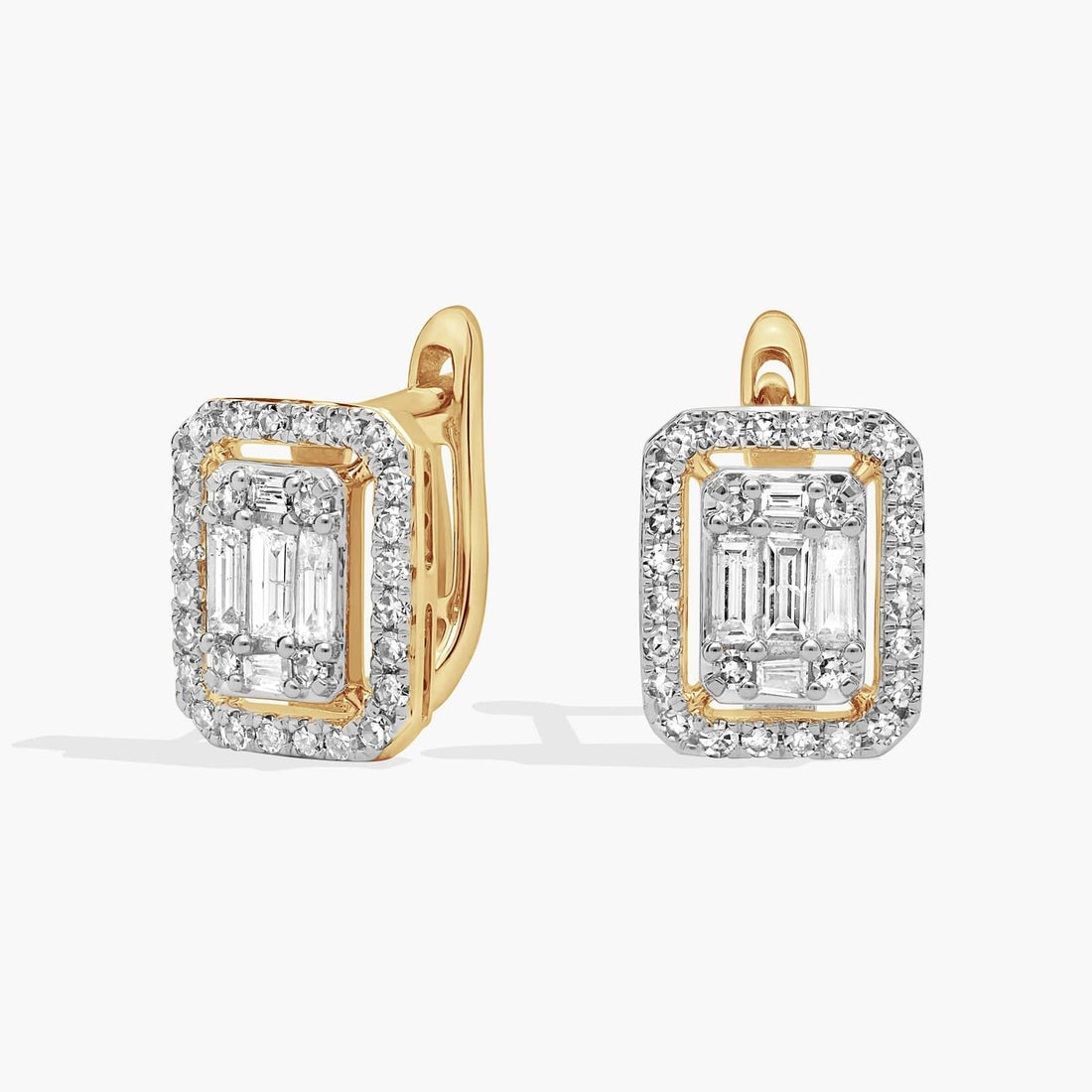 Emerald Cut Moissanite Halo Huggie Earrings for Women | Diamond Alternative Drop Earrings | Two Tone Gold | Bridal Wedding Earrings