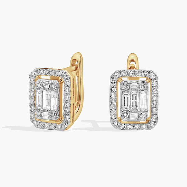 Emerald Cut Moissanite Halo Huggie Earrings for Women | Diamond Alternative Drop Earrings | Two Tone Gold | Bridal Wedding Earrings
