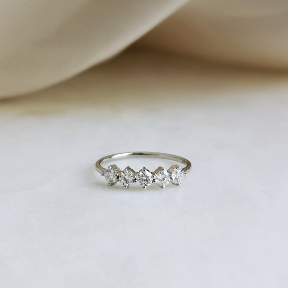 Round five stone lab grown diamond wedding band in white gold, front view