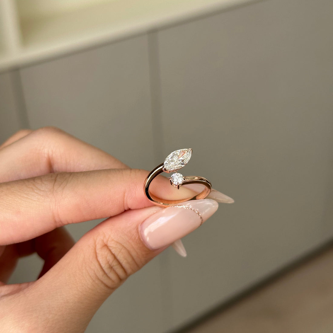 Marquise and round lab grown diamond open shank toi et moi ring in rose gold