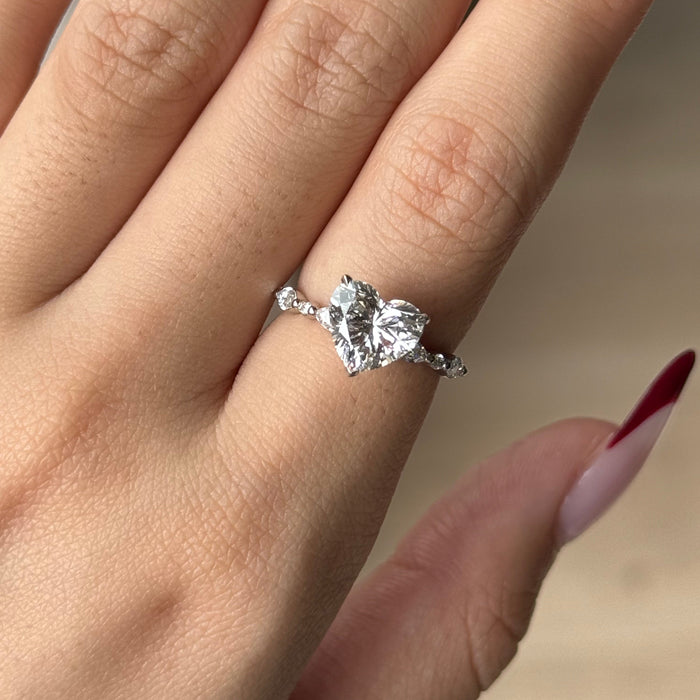 Heart cut lab grown diamond ring worn on the hand