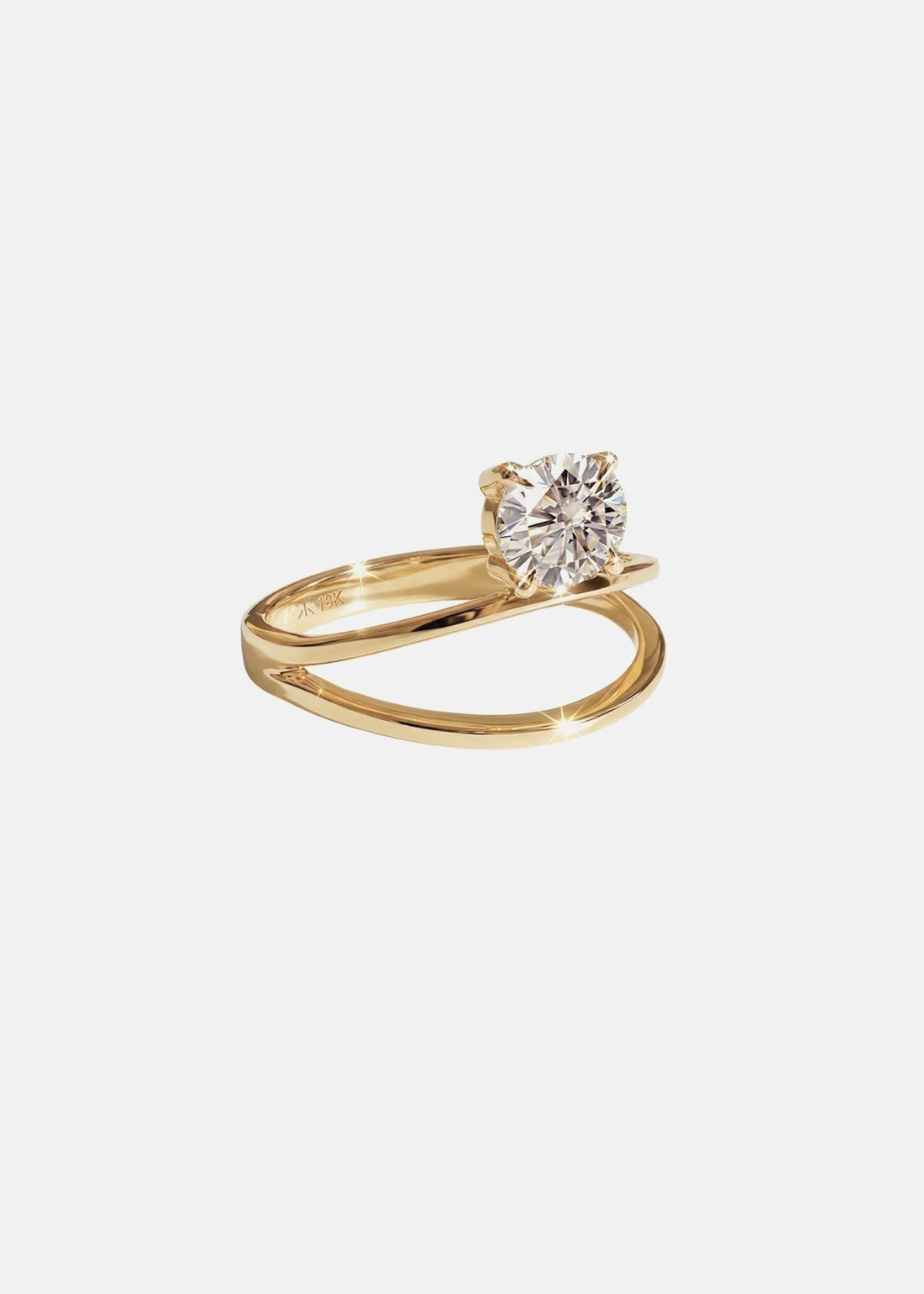 Round cut lab grown diamond double rail split shank engagement ring in yellow gold