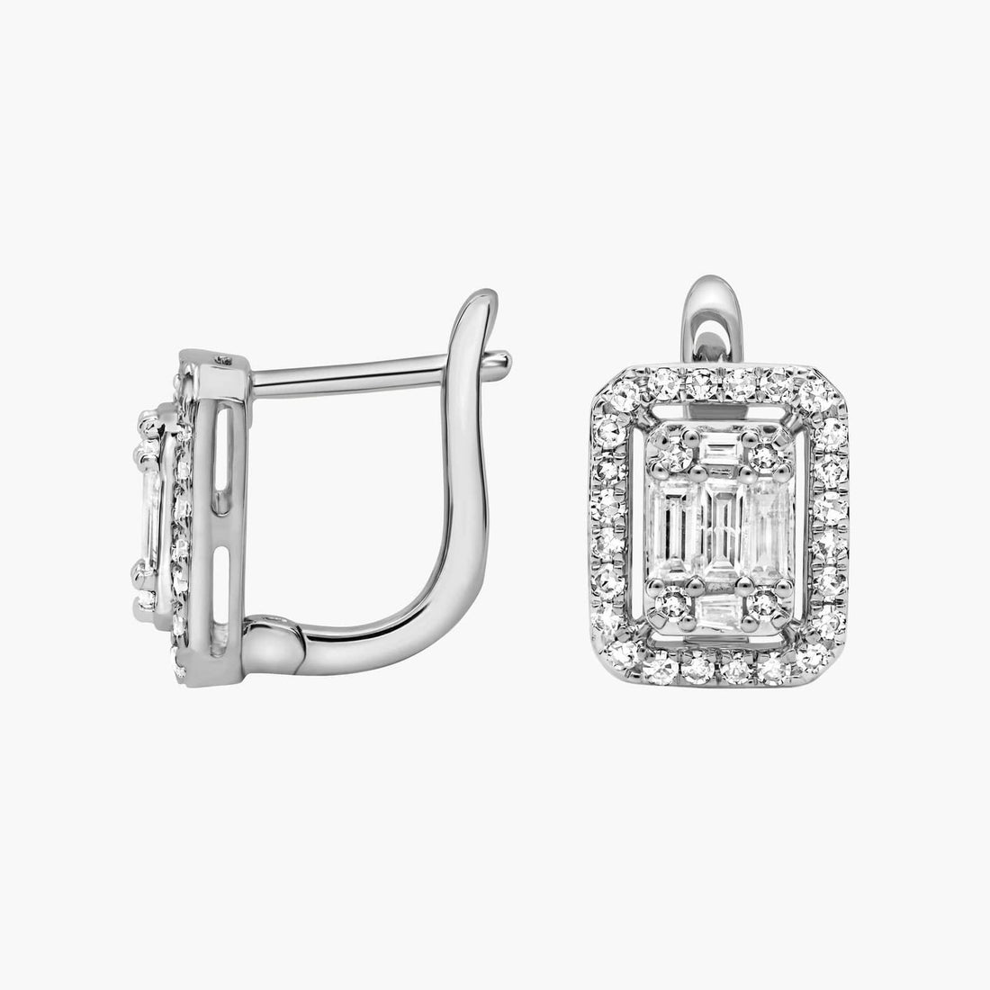 Emerald Cut Moissanite Halo Huggie Earrings - hero