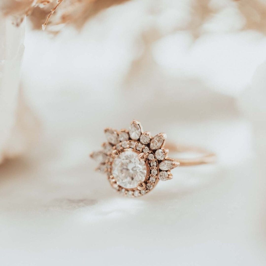 Cluster marquise and double halo round moissanite engagement ring in 14K gold