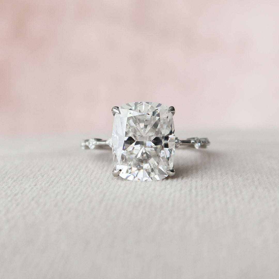 Cushion cut moissanite distance pave engagement ring in gold