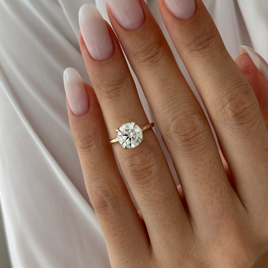 Round cut lab grown diamond tulip basket solitaire ring with hidden halo
