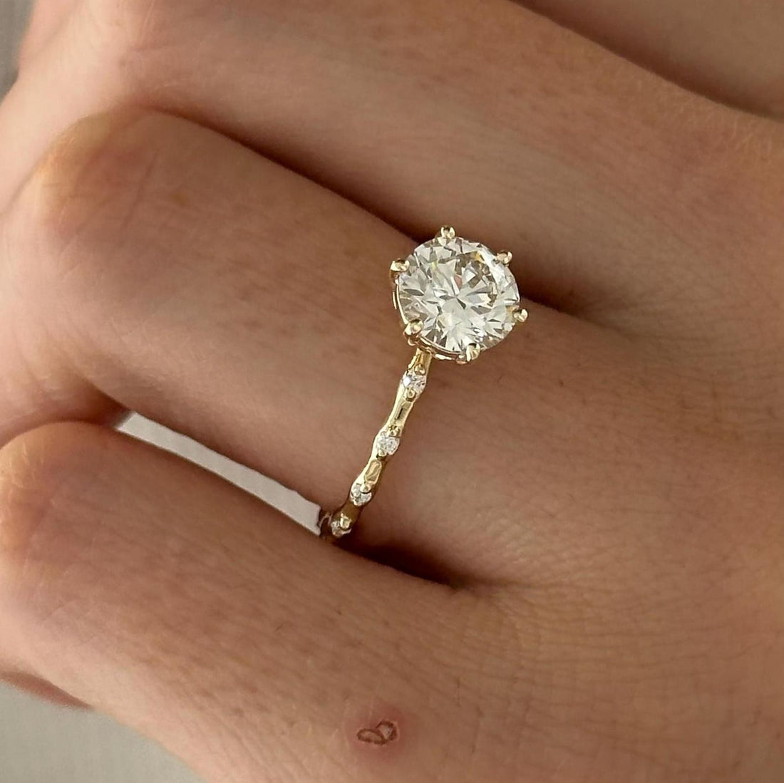 Round cut lab grown diamond ring on a nature inspired twig band with scattered accents