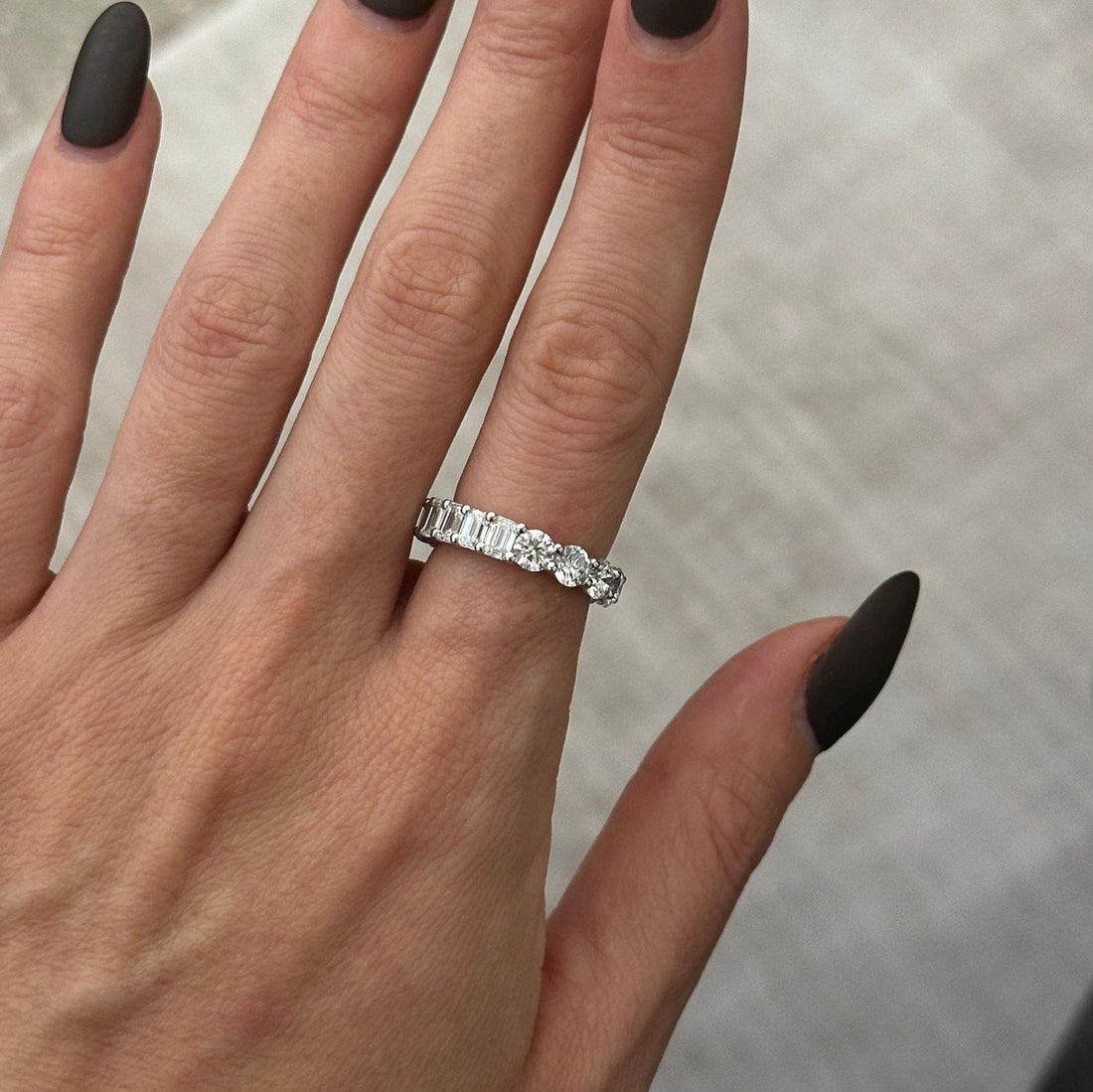 Emerald and Round Lab Grown Diamond Shared Prong Eternity Wedding Band photo 1