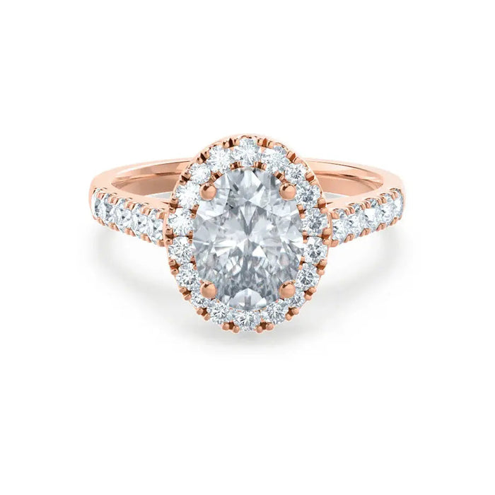 Oval cut moissanite halo engagement ring with pave band top view - brilliant sparkle oval center stone