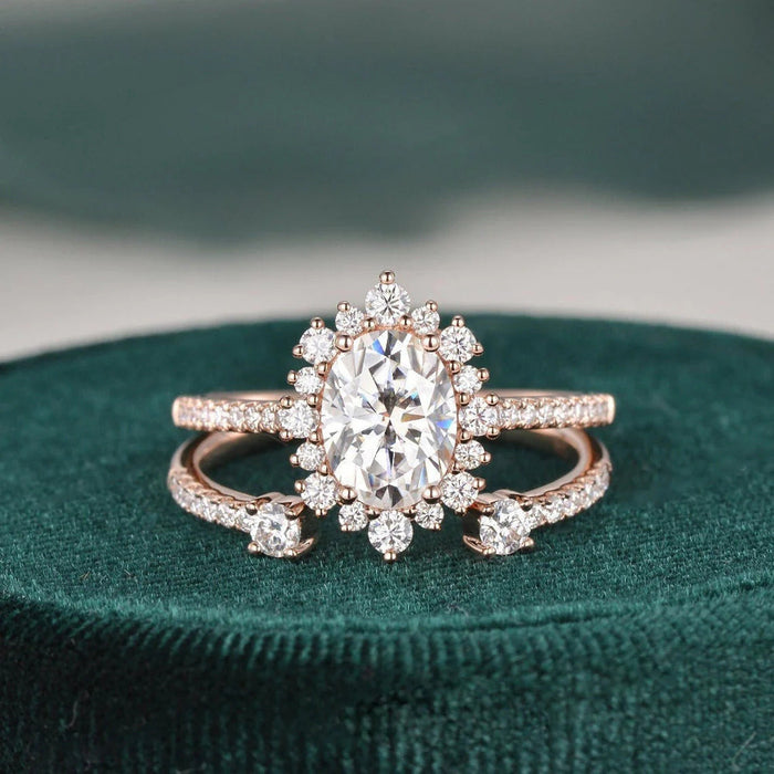 2.0 CT Oval Cut Halo Moissanite Bridal Ring Set Mapple Gems