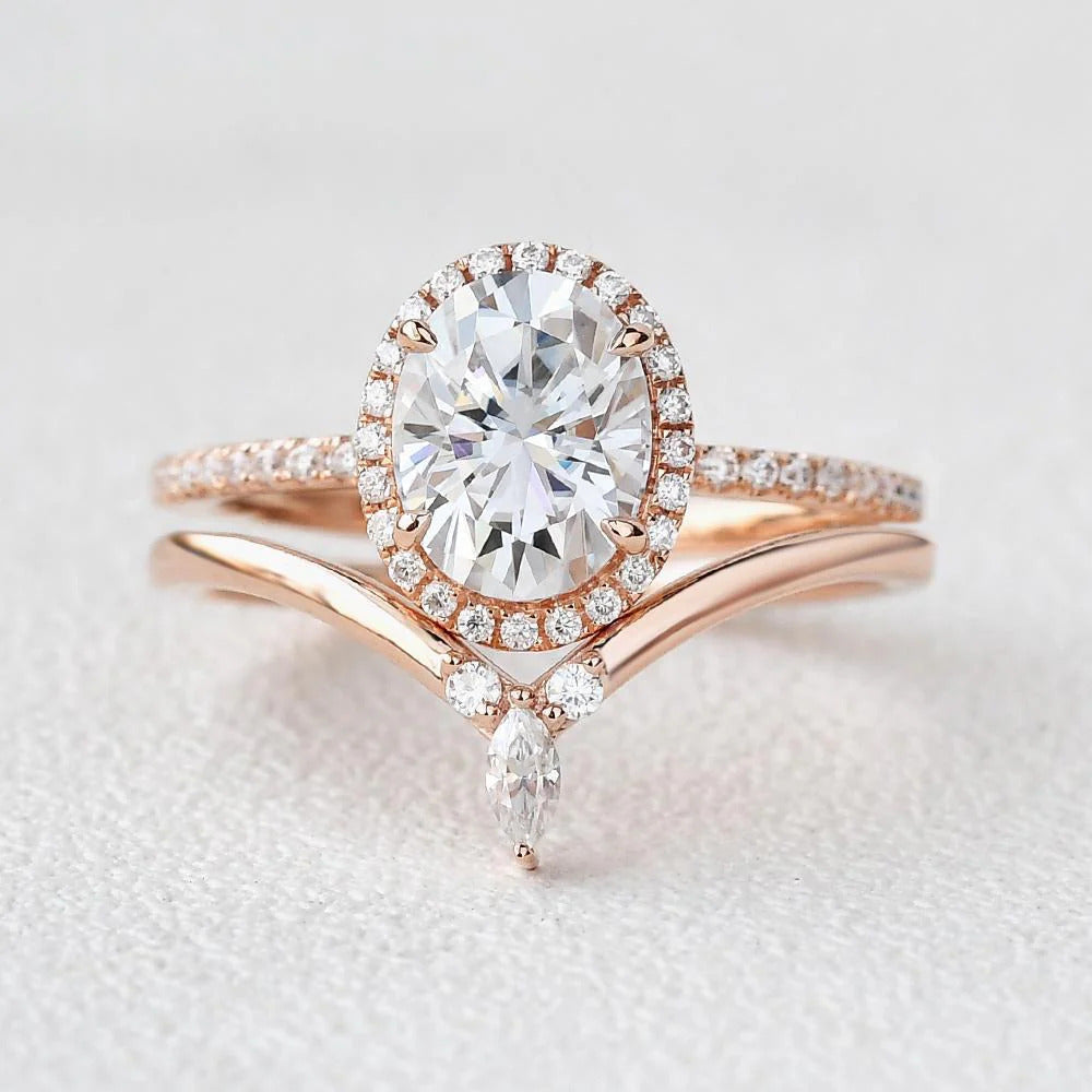 Oval Moissanite Halo Engagement Ring with Curved Stacking Band Mapple Gems