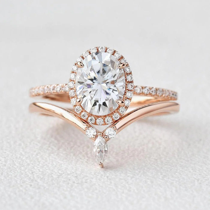 Oval Moissanite Halo Engagement Ring with Curved Stacking Band Mapple Gems