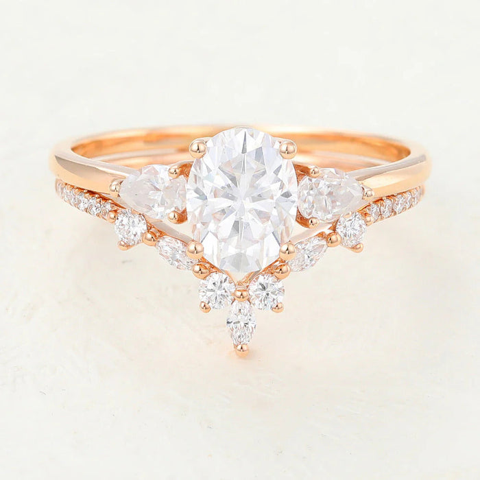 Oval Moissanite Three Stones Bridal Ring Set