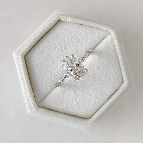 Oval Cut Lab Grown Diamond Ring with a Spaced Diamond Band in Silver, 10K, 14K and 18K Gold