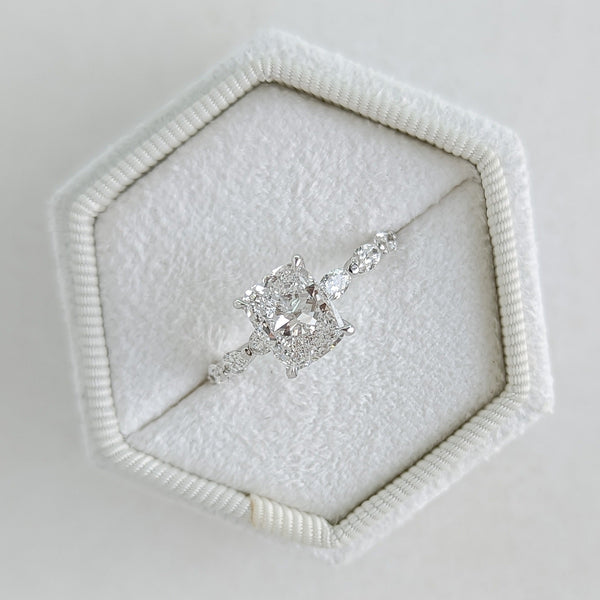 Cushion Cut Lab Grown Diamond Ring with a Marquise and Round Band in Silver, 10K, 14K and 18K Gold
