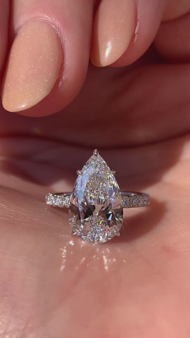 3 CT Pear Shaped Moissanite Engagement Ring – Hidden Halo Pear Cut Ring in 14K/18K White Gold, Pave Setting Anniversary Gift for Her